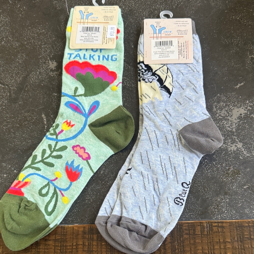 Blue Q Green Floral 'Stop Talking' & Light Gray Graphic Crew Socks - 2 pairs - Picture 2 of 3